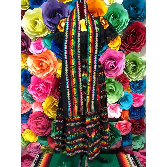 Mexican 3 piece set Blouse Cambaya skirt elastic waist and belt or mini rebozo - Picture 3 of 13